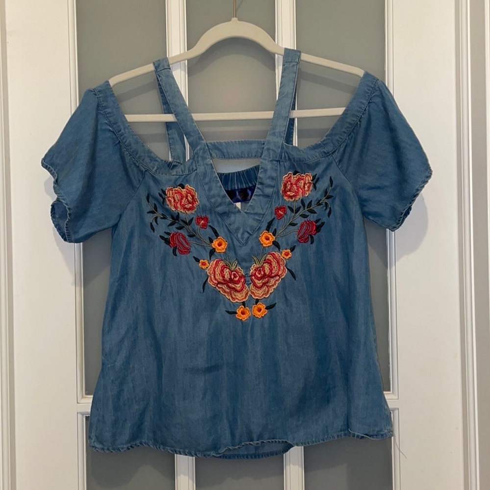 Blue Rain: Denim/Floral Off-the-Shoulder Top - Size S